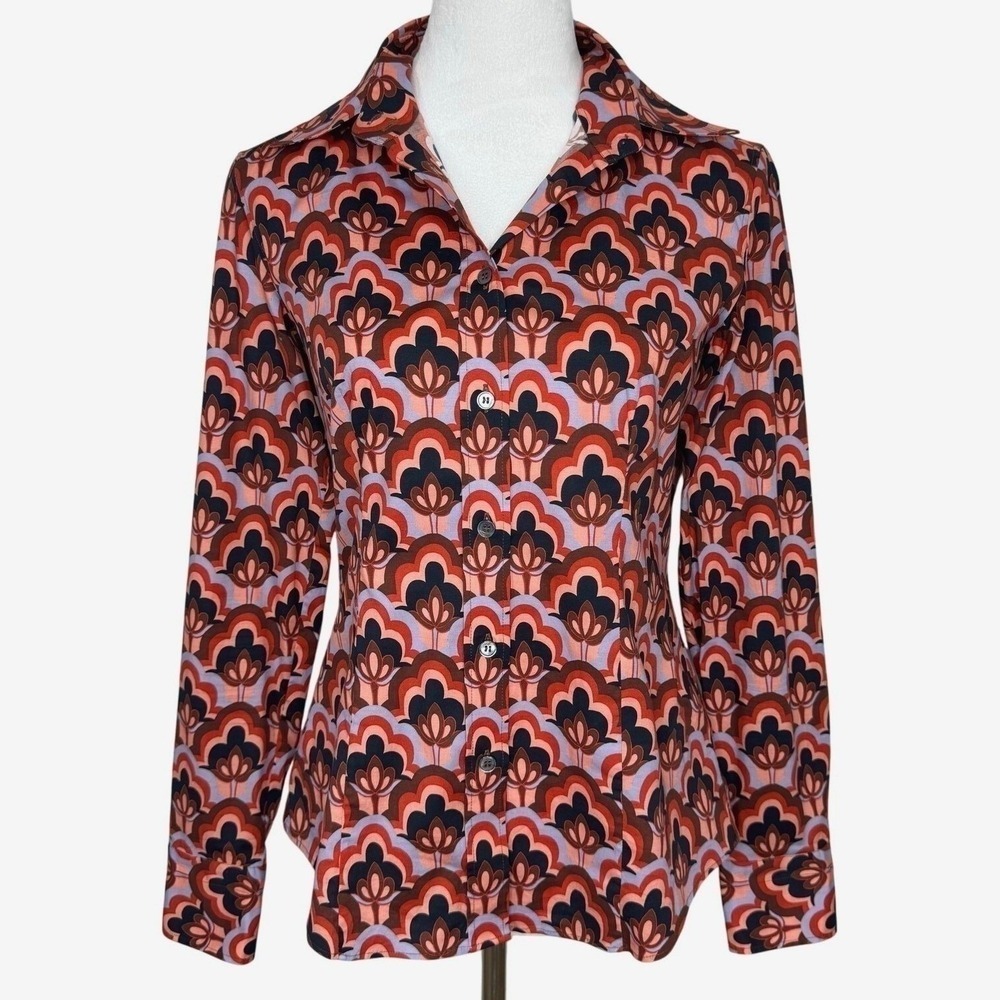 Caliban Button Front Top Size 8 Multicolor Retro Print Tailored Chic Mod Artsy